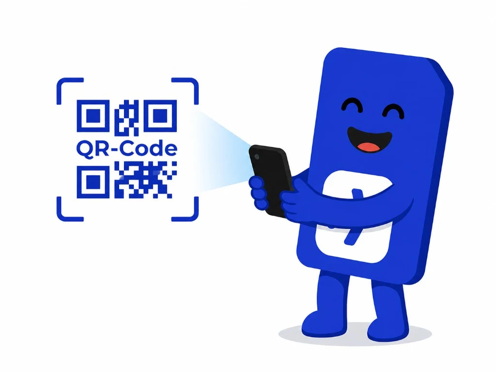 Illustration: friendly blue SIM card mascot scans a large eSIM QR code with a smartphone to activate the profile.