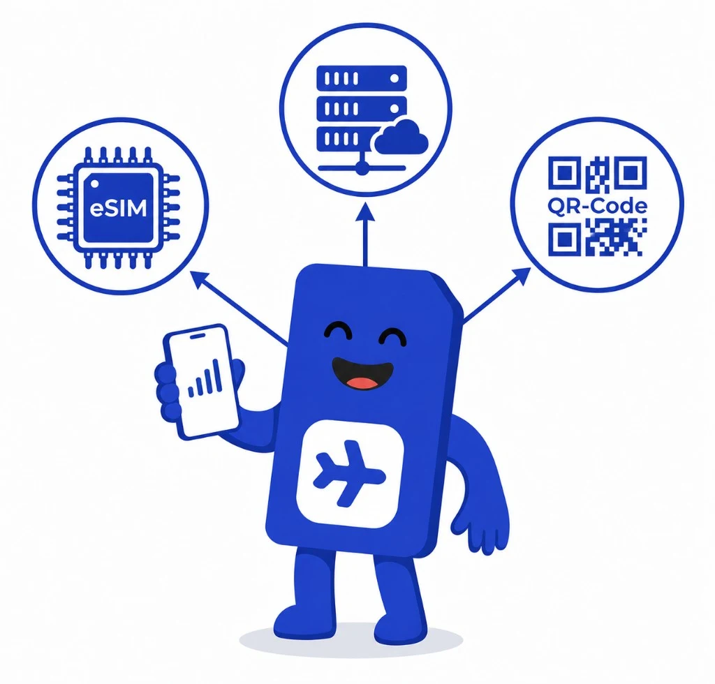 Illustration: friendly blue SIM card mascot with a travel badge holds a smartphone; arrows connect it to icons for the eSIM chip, cloud provisioning, and QR code activation.