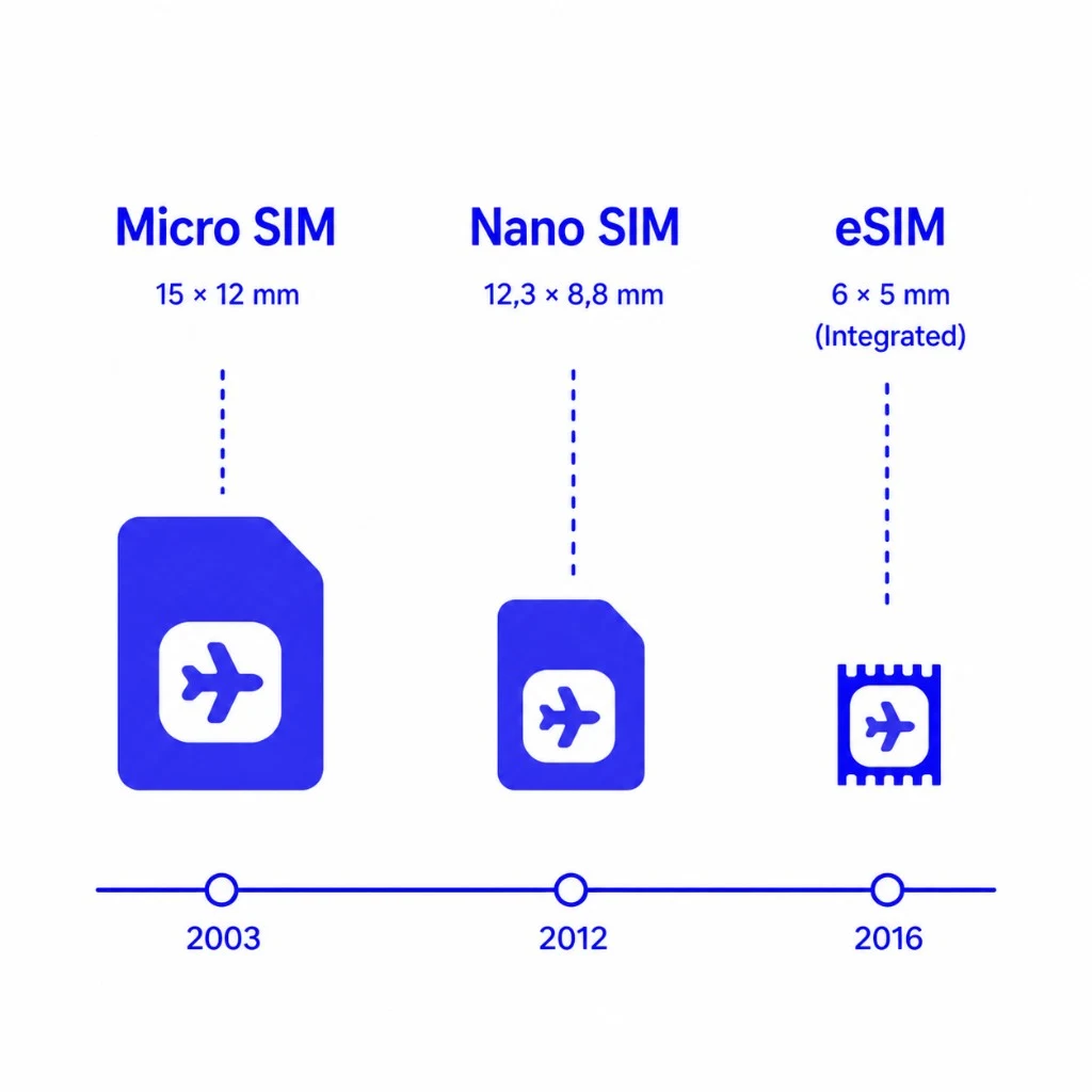 Infographic showing SIM card evolution from Micro SIM (2003, 15×12 mm) to Nano SIM (2012, 12.3×8.8 mm) and the integrated eSIM (2016, 6×5 mm), with a simple timeline.