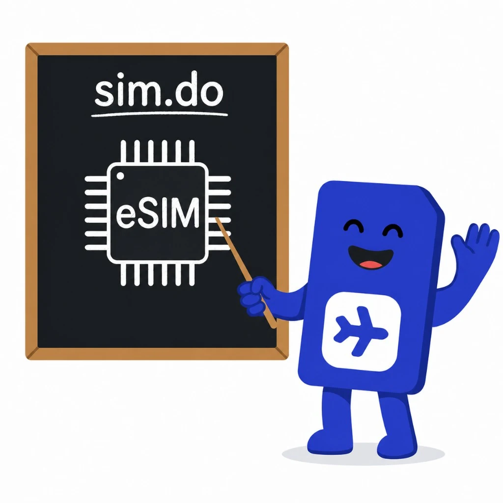 Illustration: Friendly blue SIM card mascot with a travel plane icon points to an eSIM chip drawing on a chalkboard with the sim.do logo, explaining embedded SIM.
