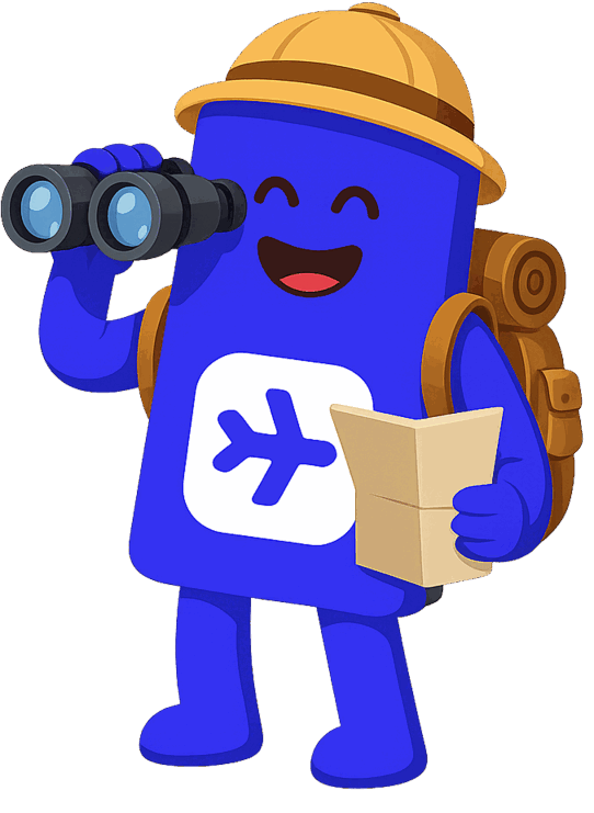 Friendly blue sim.do travel mascot wearing an explorer hat with binoculars and a map, representing international eSIM data plans and worldwide connectivity.